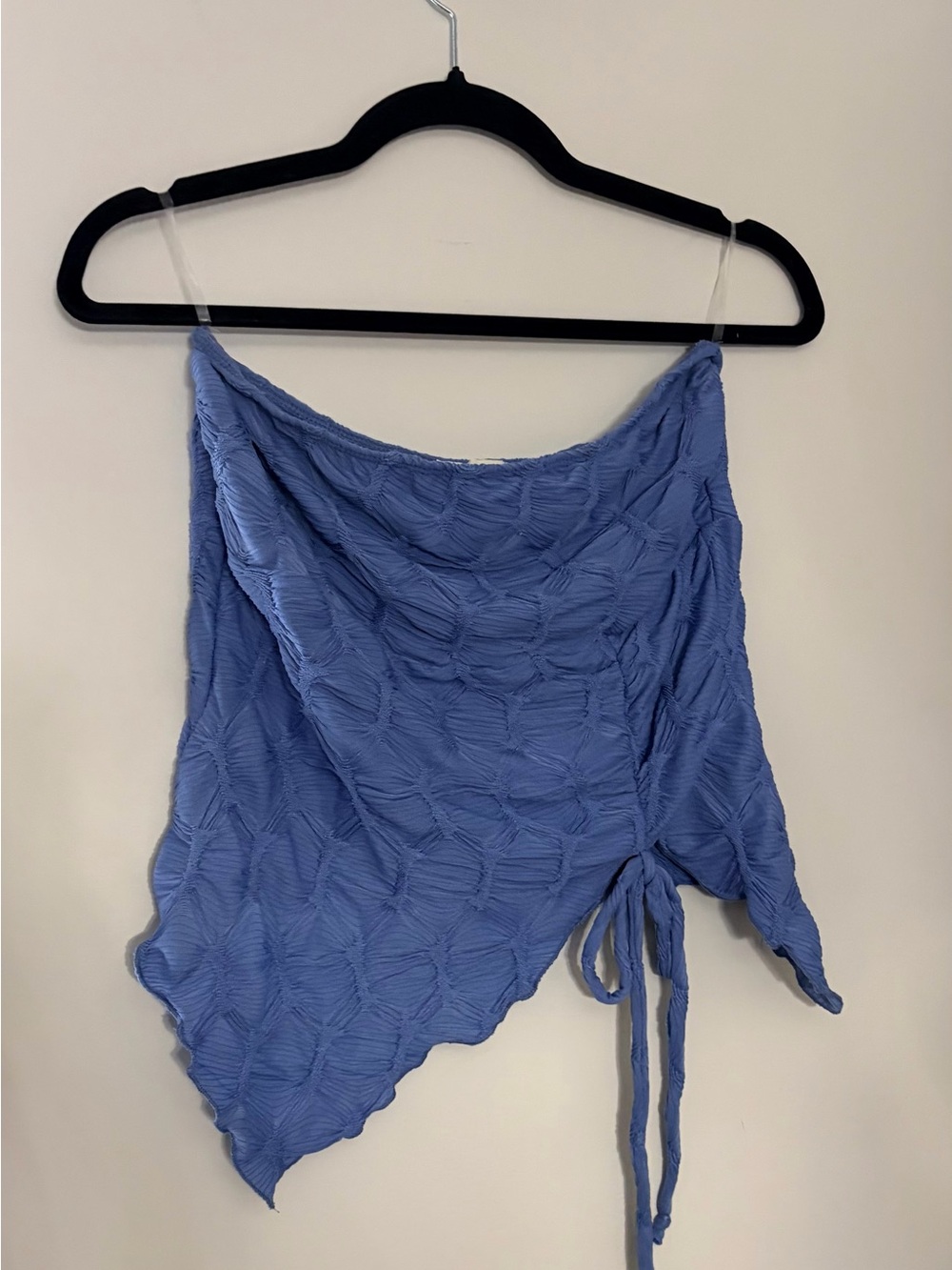 Blue Textured Asymmetric Tie-Front Women's Top